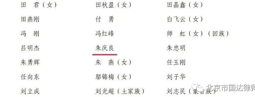 代表名单中朱庆良律师入选